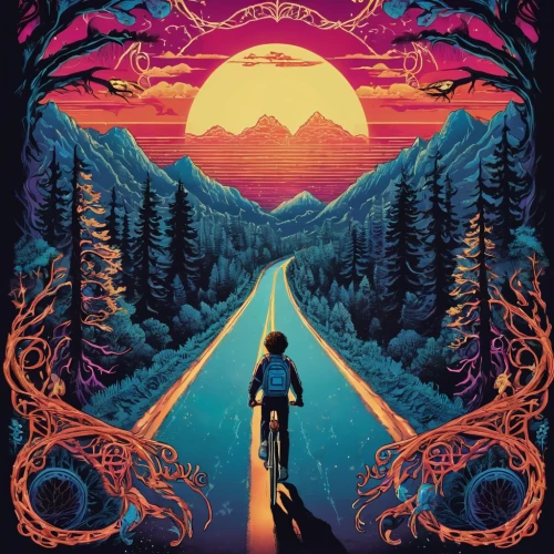 mtb,bicycle,artistic cycling,cyclist,the road,travel poster,mountain road,bike path,cyclists,bicycle ride,cycling,mountain bike,biking,bicycling,bicycle path,forest road,bicycles,trail,mountain highway,cycle,Illustration,Retro,Retro 13