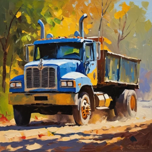 tractor,logging truck,tractor trailer,construction vehicle,kamaz,farm tractor,concrete mixer,peterbilt,nikola,log truck,oil painting,truck driver,volvo ec,18-wheeler,oil painting on canvas,ford f-series,ford 69364 w,oil on canvas,truck,fall landscape,Conceptual Art,Oil color,Oil Color 22
