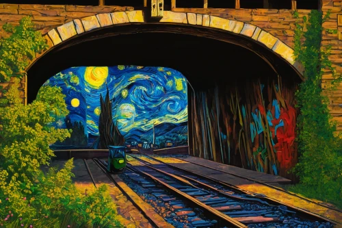 train tunnel,railroad,underpass,tunnel,railway tunnel,canal tunnel,the train,railroad bridge,abandoned train station,train of thought,trains,wall tunnel,overpass,railroad trail,rail way,railroads,railroad track,station bend,railroad station,railtrack,Art,Artistic Painting,Artistic Painting 03
