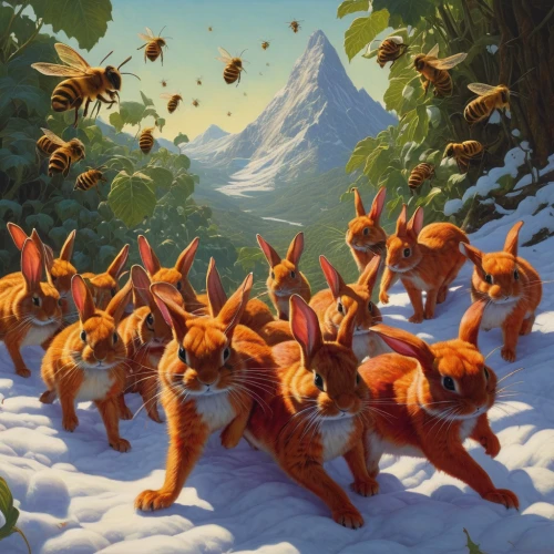 fox stacked animals,foxes,animal migration,squirrels,swarm,kangaroo mob,flock of chickens,skylander giants,hare trail,woodland animals,cartoon forest,elves flight,ski race,swarm of bees,winter animals,forest animals,animal train,ccc animals,ants,snow scene,Illustration,Realistic Fantasy,Realistic Fantasy 03