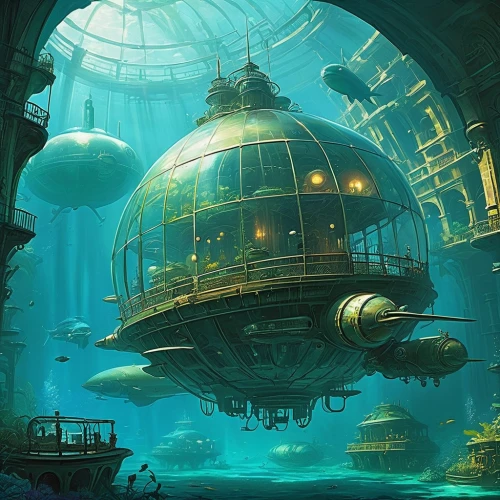 underwater playground,aquarium,airships,underwater landscape,apiarium,underwater oasis,futuristic landscape,nautilus,atlantis,sci fiction illustration,aquaculture,waterglobe,artificial island,house of the sea,aqua studio,sunken church,airship,diving bell,undersea,submersible,Conceptual Art,Fantasy,Fantasy 18