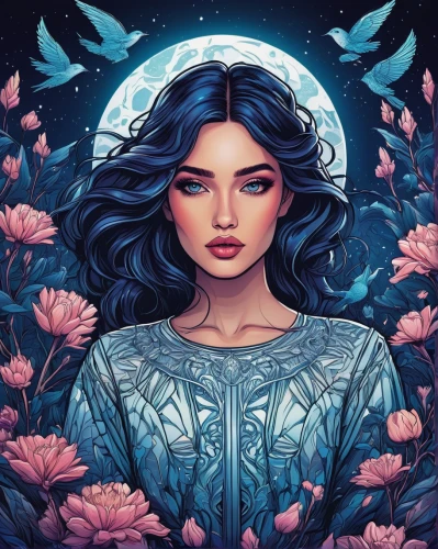 fantasy portrait,zodiac sign libra,rosa ' amber cover,flora,moonflower,kahila garland-lily,zodiac sign gemini,digital illustration,lunar,hydrangea,virgo,hydrangeas,jasmine blossom,jasmine blue,floral background,rosa-sinensis,luna,gemini,libra,mystical portrait of a girl,Illustration,Realistic Fantasy,Realistic Fantasy 25