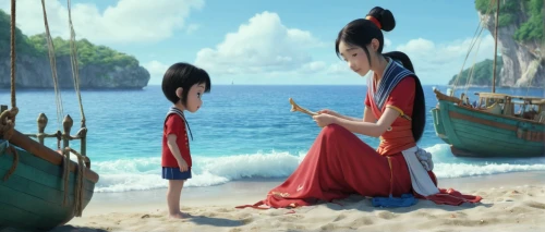lilo,mulan,moana,aladha,girl and boy outdoor,aladin,animated cartoon,island residents,romantic scene,beach background,chinese background,asian culture,scarlet sail,kei islands,honeymoon,red sea,south pacific,world travel,the people in the sea,russo-european laika,Illustration,Realistic Fantasy,Realistic Fantasy 19