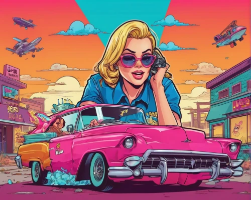 retro girl,retro woman,retro car,retro diner,retro women,retro vehicle,retro automobile,retro background,nash metropolitan,retro music,50s,retro style,80s,retro styled,car hop,50's style,modern pop art,retro,vector illustration,bobby-car,Illustration,Vector,Vector 19