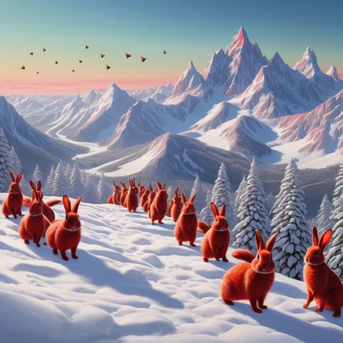 north pole,gnome skiing,sleigh ride,santa clauses,snow mountains,snow scene,flock of birds,the sea of red,cartoon forest,ski race,flock of chickens,emperor penguins,snow slope,santarun,snowy mountains,animal migration,snow mountain,infinite snow,penguin parade,the pied piper of hamelin,Photography,Documentary Photography,Documentary Photography 38