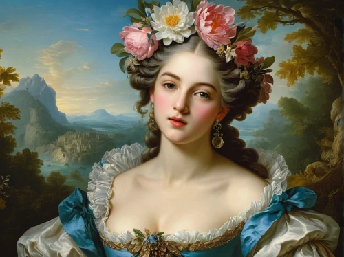 franz winterhalter,portrait of a woman,rococo,portrait of a girl,romantic portrait,girl in flowers,girl in a wreath,bougereau,the sea maid,vintage female portrait,woman holding pie,woman with ice-cream,flora,young woman,wreath of flowers,floral ornament,floral wreath,beautiful bonnet,fantasy portrait,woman portrait,Art,Classical Oil Painting,Classical Oil Painting 36