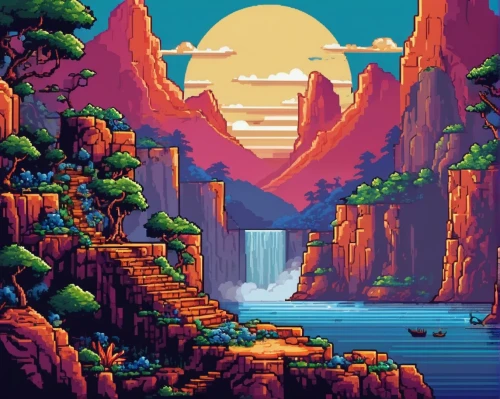 futuristic landscape,pixel art,oasis,cartoon video game background,canyon,valley of the moon,mountain world,valley,mountains,lagoon,retro background,desert,zion,desert landscape,fantasy landscape,landscape background,mesa,moon valley,nature landscape,desert desert landscape,Unique,Pixel,Pixel 05