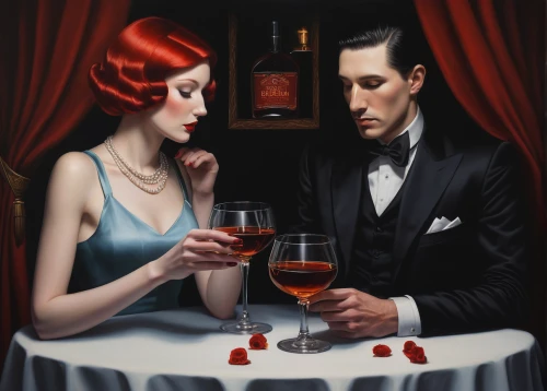 roaring twenties couple,romantic portrait,maraschino,vintage man and woman,valentine day's pin up,old fashioned,flapper couple,stemware,man and wife,young couple,cocktails,a glass of wine,aperitif,man in red dress,red wine,campari,negroni,roaring twenties,clue and white,oil painting on canvas,Conceptual Art,Daily,Daily 22