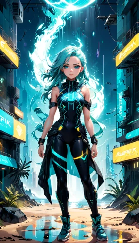 aqua,vocaloid,hatsune miku,cyberpunk,monsoon banner,water-the sword lily,sci fiction illustration,scandia gnome,cyan,neottia nidus-avis,aquanaut,transistor,cyber,wind warrior,tiber riven,game illustration,e-flood,tidal wave,storm,game art,Anime,Anime,General