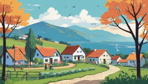 houses clipart,autumn landscape,home landscape,autumn idyll,alpine village,fall landscape,mountain village,oktoberfest background,landscape background,autumn day,autumn scenery,cottages,autumn mountains,aurora village,background vector,travel poster,rural landscape,one autumn afternoon,village scene,mountain settlement,Illustration,Japanese style,Japanese Style 06