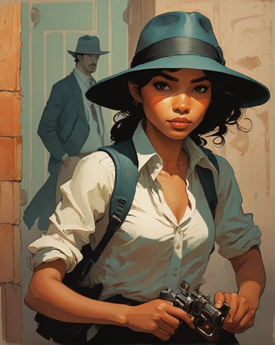 girl with gun,girl with a gun,woman holding gun,panama hat,the girl at the station,holding a gun,inspector,game illustration,spy,policewoman,girl in a historic way,lady medic,rosa ' amber cover,sci fiction illustration,pilgrim,the hat-female,detective,spy visual,courier,the girl's face,Illustration,Paper based,Paper Based 17
