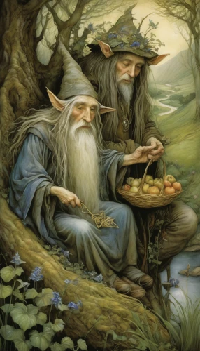 druids,gandalf,foragers,fantasy art,the wizard,fantasy portrait,chanterelle,fantasy picture,apothecary,foraging,the flute,elves,faerie,candlemaker,chanterelles,fairytale characters,funnel chanterelles,trumpet chanterelle,jrr tolkien,divination,Illustration,Realistic Fantasy,Realistic Fantasy 14