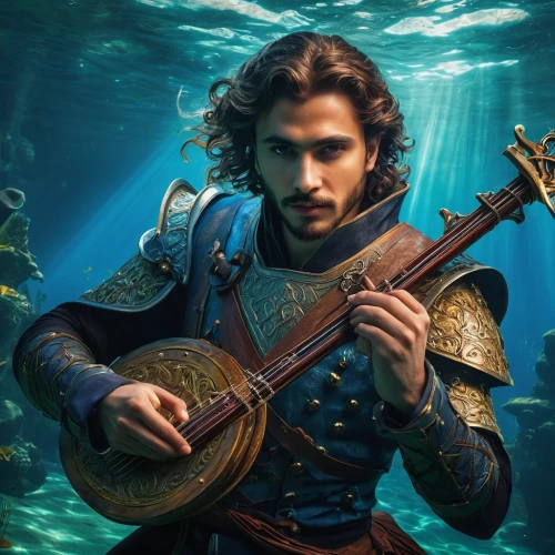 aquaman,god of the sea,sea god,athos,poseidon,bard,king arthur,jon boat,heroic fantasy,aquanaut,art bard,underwater background,waterglobe,musketeer,fantasy picture,version john the fisherman,full hd wallpaper,the man in the water,solo violinist,bass violin,Photography,Artistic Photography,Artistic Photography 01