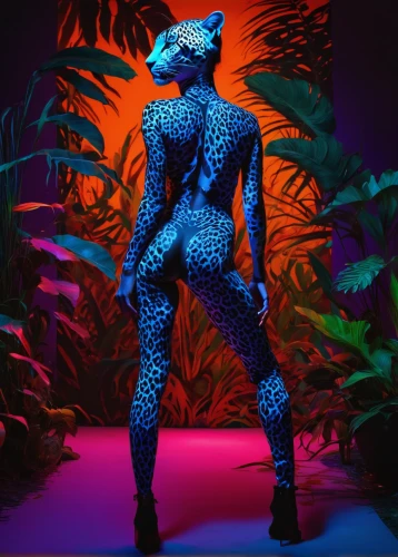 neon body painting,panther,cheetah,majorelle blue,bodypaint,album cover,puma,jaguar,leopard,king of the jungle,jungle,mammal,gorilla,endangered,cd cover,bodypainting,safari,blue tiger,animal figure,canis panther,Photography,Artistic Photography,Artistic Photography 10