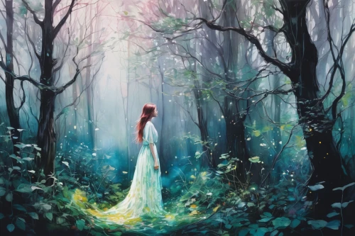 ballerina in the woods,enchanted forest,fairy forest,forest of dreams,faerie,fairy queen,girl with tree,faery,enchanted,forest background,elven forest,dryad,mystical portrait of a girl,girl in a long dress,fantasy picture,the enchantress,fairytale forest,fairytale,a fairy tale,fairy tale,Illustration,Paper based,Paper Based 20