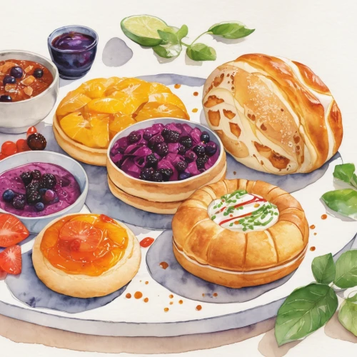 kolach,pastries,danish breakfast plate,fruit pie,party pastries,eastern european food,tartlet,pastellfarben,tarts,hungarian food,jewish cuisine,muffin tin,pâtisserie,danish pastry,khachapuri,fruit-filled choux pastry,turkish cuisine,french food,crostata,sweet pastries,Illustration,Paper based,Paper Based 07