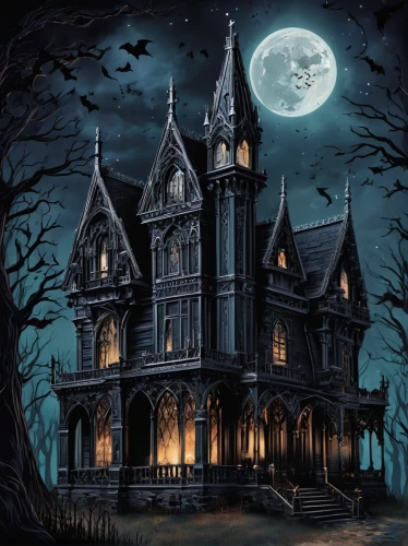 witch's house,witch house,the haunted house,haunted house,haunted castle,ghost castle,gothic style,halloween background,halloween illustration,creepy house,haunted cathedral,victorian house,gothic architecture,halloween poster,halloween scene,halloween and horror,halloween night,gothic,fairy tale castle,dark cabinetry,Illustration,Realistic Fantasy,Realistic Fantasy 46