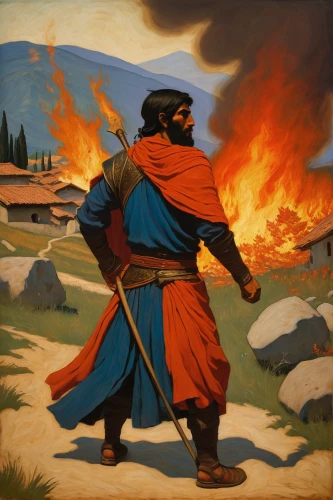 samaritan,fire master,the conflagration,biblical narrative characters,fire artist,church painting,burned land,burning torch,fire dance,khokhloma painting,zoroastrian novruz,fire background,genesis land in jerusalem,torch-bearer,burning earth,lucus burns,burned mount,thracian,fire in the mountains,fire land,Art,Classical Oil Painting,Classical Oil Painting 30