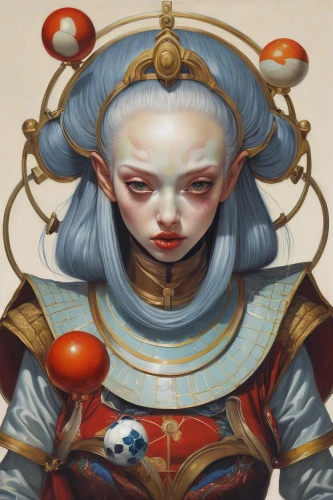 fantasy portrait,marionette,queen of hearts,jester,crystal ball,zodiac sign libra,painter doll,pierrot,ball fortune tellers,sci fiction illustration,prejmer,gemini,matryoshka doll,priestess,tea egg,heliosphere,fantasy woman,spheres,juggler,geisha,Conceptual Art,Daily,Daily 14