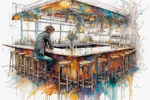 watercolor cafe,watercolor tea shop,greenhouse,bartender,apothecary,watercolor paris balcony,watercolor shops,table artist,glass painting,watercolor tea,watercolor cocktails,watercolor background,bistro,paris cafe,kitchen,girl in the kitchen,the kitchen,candlemaker,the coffee shop,kitchen table,Illustration,Paper based,Paper Based 13