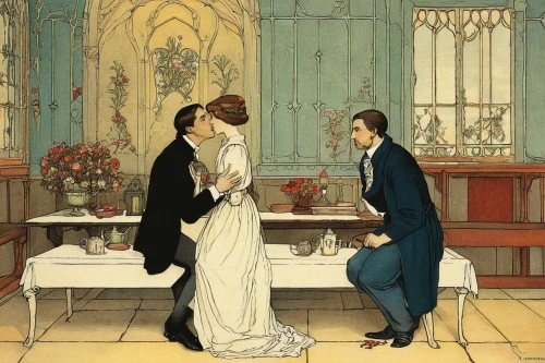 courtship,young couple,holy communion,wedding couple,kate greenaway,ballroom dance,eucharist,wedding ceremony,debutante,as a couple,bride and groom,communion,engagement,ballroom,the annunciation,the ceremony,vintage illustration,romantic scene,boutonniere,bridegroom,Illustration,Retro,Retro 19