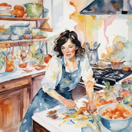 girl in the kitchen,cooking book cover,watercolor painting,watercolor tea,kitchen work,watercolor background,cookery,food and cooking,confectioner,carol colman,watercolor,watercolor cafe,homemaker,watercolor women accessory,painting eggs,woman holding pie,watercolor paint,domestic,mess in the kitchen,meticulous painting,Conceptual Art,Oil color,Oil Color 18