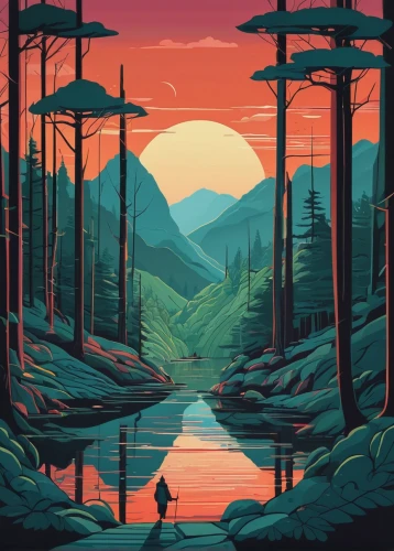 travel poster,mountain sunrise,the forests,forests,forest landscape,pines,wilderness,mountains,forest,forest background,spruce forest,futuristic landscape,low poly,landscapes,landscape background,pine forest,the forest,dusk,coniferous forest,nationalpark,Illustration,Vector,Vector 06