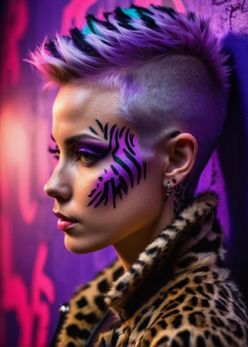 mohawk,mohawk hairstyle,zebra,cheetah,feline look,punk,punk design,neon body painting,face paint,streampunk,leopard head,tribal,diamond zebra,leopard,bodypaint,asian tiger,cyberpunk,animal print,wild cat,zebra fur,Photography,Artistic Photography,Artistic Photography 10