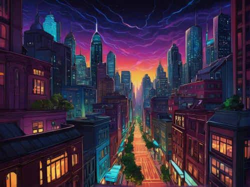 fantasy city,colorful city,cityscape,cyberpunk,evening city,city lights,city at night,metropolis,black city,the city,futuristic landscape,manhattan,sci fiction illustration,superhero background,city,citylights,world digital painting,cities,skyline,city trans,Illustration,Realistic Fantasy,Realistic Fantasy 45