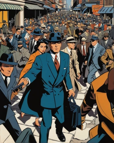 white-collar worker,large market,spy visual,the market,twenties of the twentieth century,cool woodblock images,vintage illustration,telegram,spy,market,pedestrians,market introduction,pedestrian,workforce,commuting,retro cartoon people,crypto mining,casablanca,a pedestrian,david bates,Illustration,American Style,American Style 09