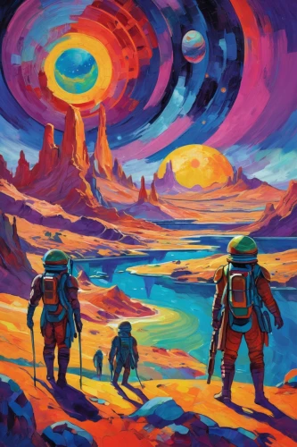 space art,travelers,fire planet,astronauts,gas planet,alien planet,futuristic landscape,mission to mars,red planet,alien world,space voyage,planet mars,exploration,explorer,astronaut,martian,planet alien sky,nasa,sci fi,sci-fi,Conceptual Art,Oil color,Oil Color 25