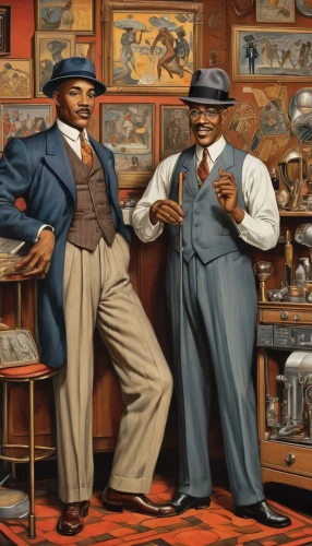 oddcouple,gentleman icons,craftsmen,businessmen,vintage art,wright brothers,vintage clothing,wax figures museum,shoemaker,workers,preachers,david bates,vintage man and woman,musicians,artists,blues and jazz singer,ford motor company,men clothes,business men,the consignment,Illustration,Realistic Fantasy,Realistic Fantasy 21