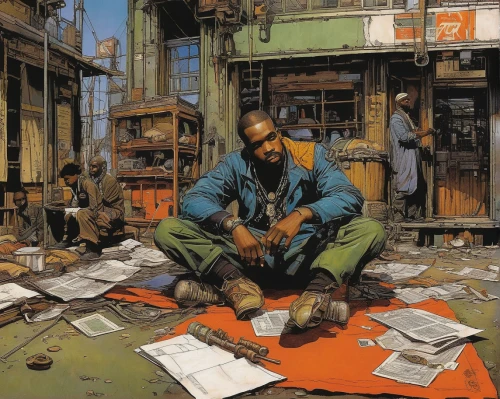 scrap dealer,scrap collector,blue-collar worker,warehouseman,slum,vendor,scrap yard,ironworker,car mechanic,waste collector,junk yard,novelist,mechanic,african businessman,steelworker,junkyard,worker,landfill,paperwork,stray work,Illustration,Realistic Fantasy,Realistic Fantasy 06