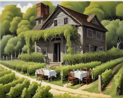 grant wood,farmstead,houses clipart,grape harvest,viticulture,wine harvest,farm house,farmhouse,country cottage,house painting,garden buildings,hanging houses,grape vines,house in the forest,grape plantation,country house,winegrowing,wine house,home of apple,vineyards,Illustration,Black and White,Black and White 22