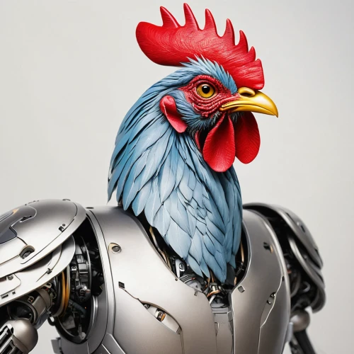vintage rooster,armored animal,cyborg,robot combat,military robot,anthropomorphized animals,industrial robot,robotics,artificial intelligence,machine learning,chicken 65,phoenix rooster,motorcycle helmet,bantam,robot,rooster,chatbot,robotic,wearables,rooster head