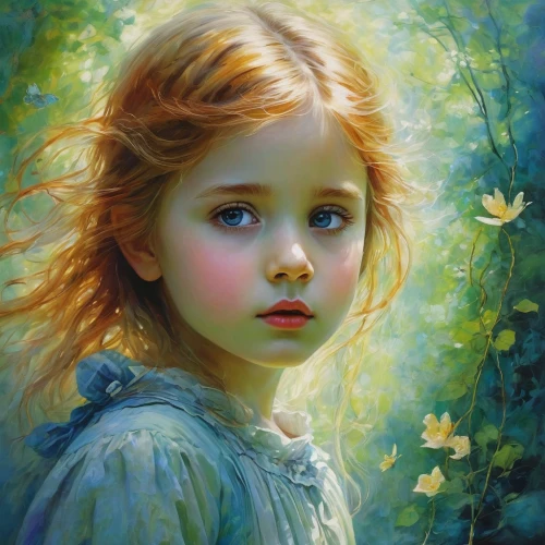 child portrait,mystical portrait of a girl,young girl,little girl fairy,girl in flowers,girl picking flowers,girl in the garden,child fairy,the little girl,girl portrait,child girl,little girl in wind,portrait of a girl,little girl,girl with tree,innocence,oil painting,romantic portrait,oil painting on canvas,children's background,Illustration,Paper based,Paper Based 15