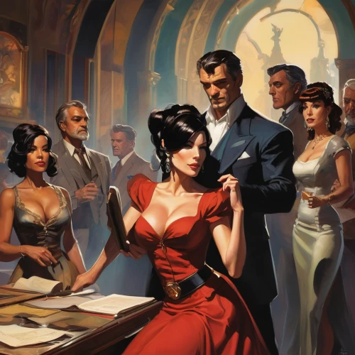 clue and white,gentleman icons,mafia,game illustration,spy visual,tabletop game,vesper,twenties of the twentieth century,spy,roaring 20's,gentlemanly,maraschino,roaring twenties,twenties,the victorian era,man in red dress,vintage man and woman,vintage illustration,fifties,game art,Conceptual Art,Oil color,Oil Color 04