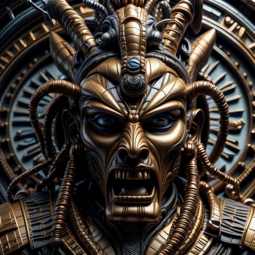 alien warrior,gorgon,king tut,poseidon god face,district 9,pharaoh,golden mask,warlord,raider,emperor,biomechanical,cybernetics,tutankhamun,gold mask,pharaohs,black warrior,scarab,tutankhamen,thane,daemon
