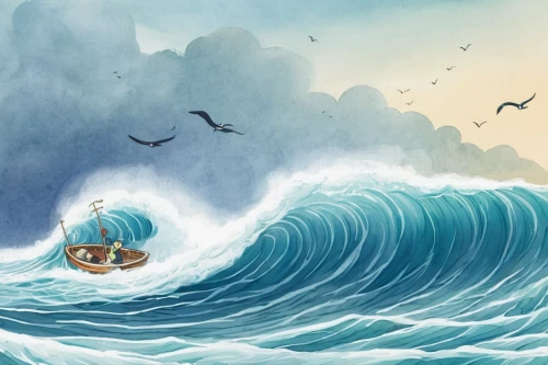 wind surfing,big wave,the wind from the sea,big waves,surfboat,god of the sea,surfing,rogue wave,stormy sea,braking waves,adrift,surfers,seafaring,birds of the sea,churning,book illustration,at sea,sea storm,maelstrom,sea god,Illustration,Retro,Retro 22