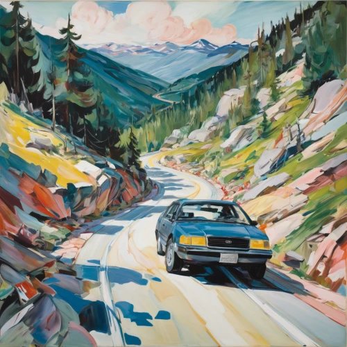 alpine drive,mountain pass,mountain highway,icefield parkway,alpine,alpine route,mountain road,alpine style,alpine crossing,painting technique,volvo 164,oil on canvas,steep mountain pass,oil painting on canvas,icefields parkway,telluride,winding roads,mountain scene,whistler,oil painting,Conceptual Art,Oil color,Oil Color 18