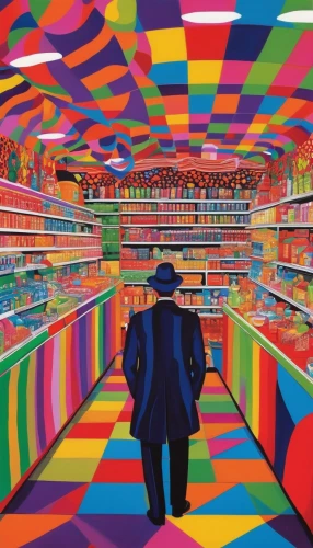 candy store,supermarket,toy store,psychedelic art,candy shop,grocery store,grocer,aisle,supermarket shelf,grocery,shopkeeper,shopping icon,deli,grocery shopping,consumerism,large market,psychedelic,shopper,panoramical,convenience store,Conceptual Art,Oil color,Oil Color 14