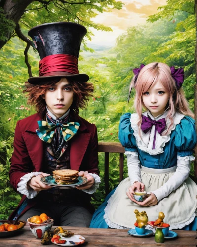 alice in wonderland,hatter,wonderland,tea party,tea party collection,cosplay image,alice,fairytale characters,anime japanese clothing,doll kitchen,apple pair,cheshire,ball fortune tellers,joint dolls,hans christian andersen,girl and boy outdoor,steampunk,fantasy picture,teatime,digital compositing,Illustration,Japanese style,Japanese Style 12