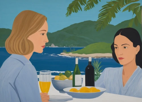 blue jasmine,food and wine,beach restaurant,women at cafe,island residents,vector illustration,holiday wine and honey,mediterranean diet,positano,coffee tea illustration,wine cultures,balearic islands,female alcoholism,white wine,guam,two types of wine,aperitif,wine tasting,hawaiian food,corsica,Conceptual Art,Oil color,Oil Color 13