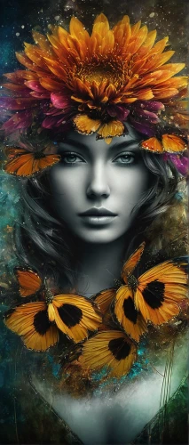 faery,faerie,dryad,fantasy art,the garden marigold,shamanism,boho art,girl in a wreath,girl in flowers,flower nectar,elven flower,feather headdress,fae,mystical portrait of a girl,shamanic,tiger lily,spring equinox,splendor of flowers,headdress,image manipulation,Conceptual Art,Daily,Daily 32