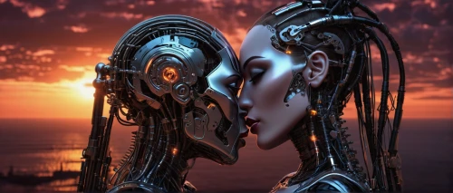 biomechanical,cybernetics,alien ship,loving couple sunrise,amorous,mirror of souls,alien warrior,machines,exoskeleton,scifi,fractalius,binary system,humanoid,3d fantasy,alien world,cinema 4d,robotic,propulsion,steel sculpture,entwined,Conceptual Art,Sci-Fi,Sci-Fi 09