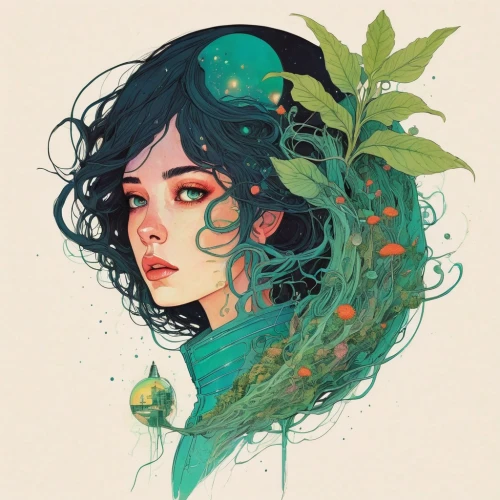 dryad,flora,overgrown,girl in a wreath,poison ivy,ivy,natura,digital illustration,anahata,wilted,kahila garland-lily,mystical portrait of a girl,green wreath,fantasy portrait,jasmine blossom,faery,vines,mother nature,poisonous plant,green mermaid scale,Illustration,Paper based,Paper Based 19