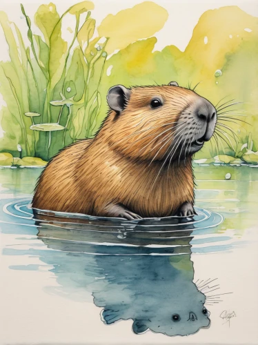 coypu,nutria,beaver,muskrat,beavers,beaver rat,eurasian water vole,nutria-young,capybara,aquatic mammal,north american river otter,otter,guinea pig,bradypus pygmaeus,guineapig,sea otter,otters,groundhog,lake tanuki,gopher,Art,Artistic Painting,Artistic Painting 33