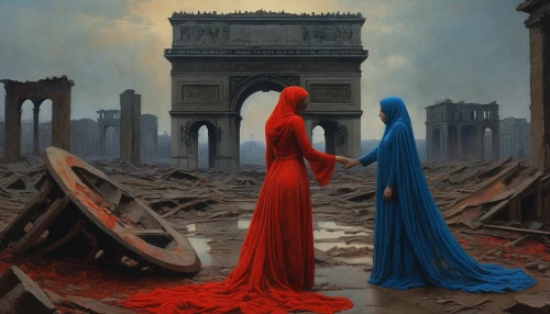 femicide,red and blue,orientalism,universal exhibition of paris,necropolis,tour to the sirens,angels of the apocalypse,ruins,paris,dance of death,surrealism,dispute,desolation,man in red dress,red gown,calamities,sepulchre,the fallen,france,lover's grief,Photography,General,Natural