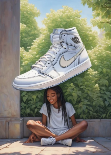 sneakers,oil painting on canvas,holding shoes,oil on canvas,street artist,sneaker,jordan 1,air jordan 1,chalk drawing,street art,tennis shoe,street artists,outdoor shoe,shoes icon,nike,air jordan,shoe,jordans,women's shoe,jordan shoes,Illustration,Realistic Fantasy,Realistic Fantasy 41
