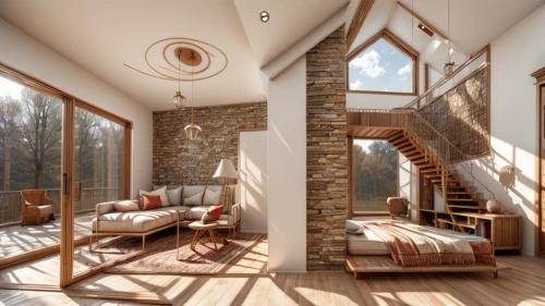 the cabin in the mountains,loft,wooden windows,wooden stairs,daylighting,beautiful home,3d rendering,outside staircase,attic,house in mountains,winding staircase,house in the mountains,chalet,circular staircase,cabin,inverted cottage,interior design,great room,sitting room,livingroom